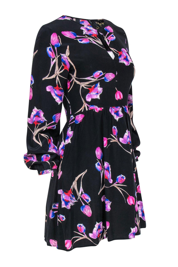 Current Boutique-Yumi Kim - Black Floral Print Long Sleeve Silk Swing Dress Sz S