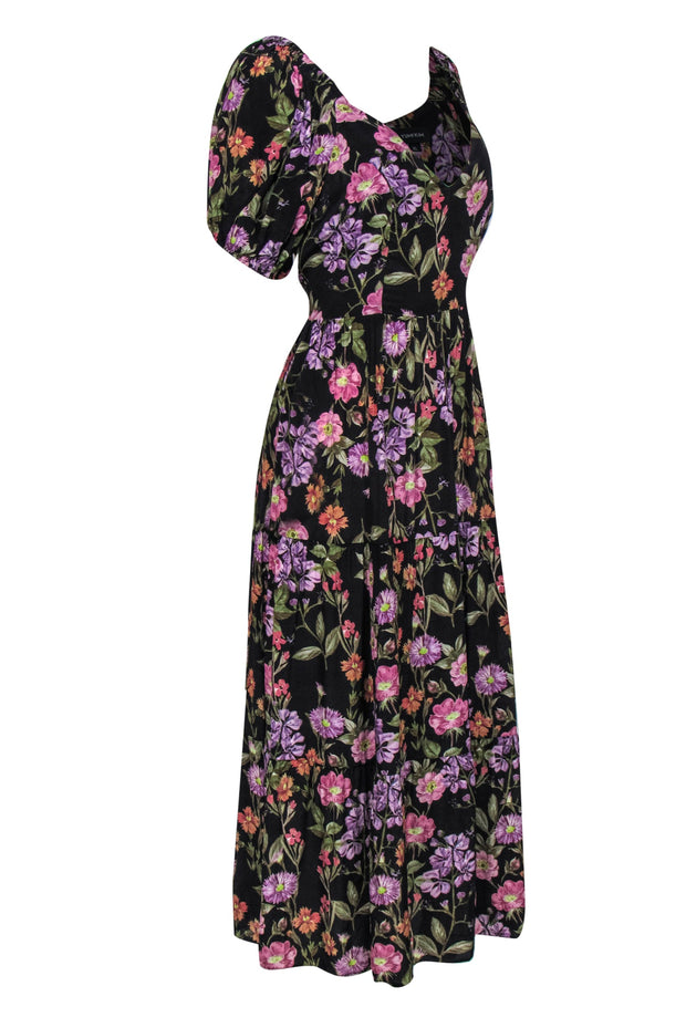 Current Boutique-Yumi Kim - Black Floral Print Puff Sleeve "Rhonda" Maxi Dress Sz XL