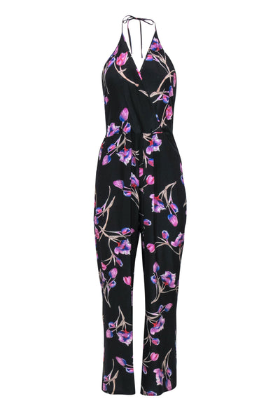 Current Boutique-Yumi Kim - Black, Purple & Blue Floral Print Halter Silk Jumpsuit Sz L