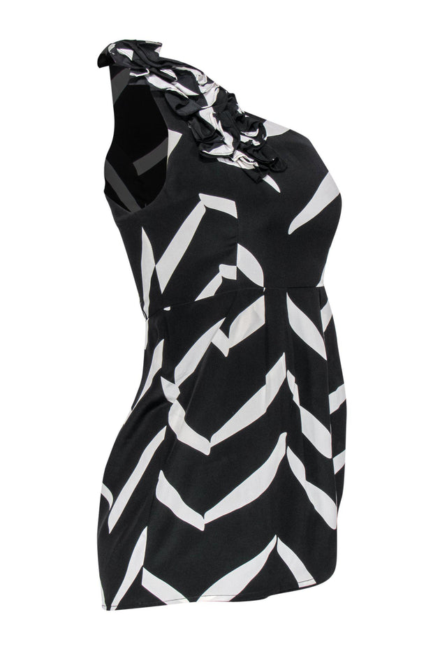 Current Boutique-Yumi Kim - Black & White Printed One-Shoulder Silk Mini Dress Sz S