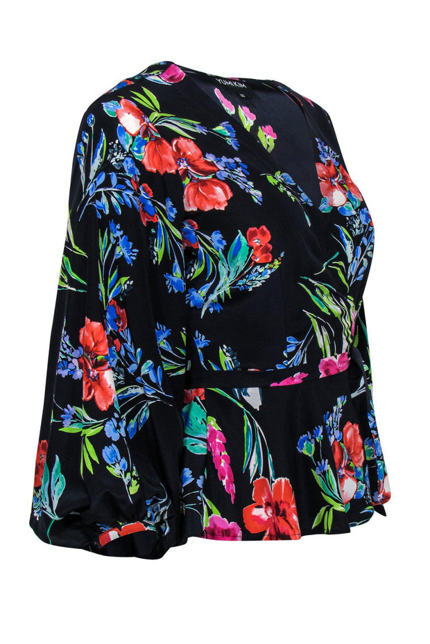 Current Boutique-Yumi Kim - Navy Floral Wrap Silk Blouse Sz XS