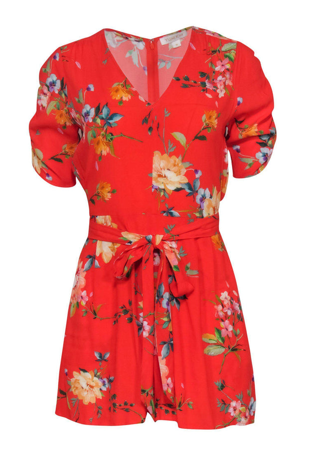 Current Boutique-Yumi Kim - Red Floral Print Short Sleeve Belted Romper Sz M