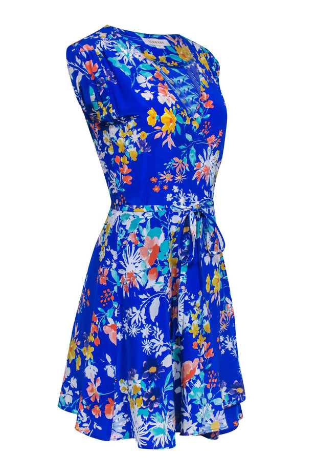 Current Boutique-Yumi Kim - Royal Blue Floral Print Short Sleeve Silk Wrap Dress Sz M