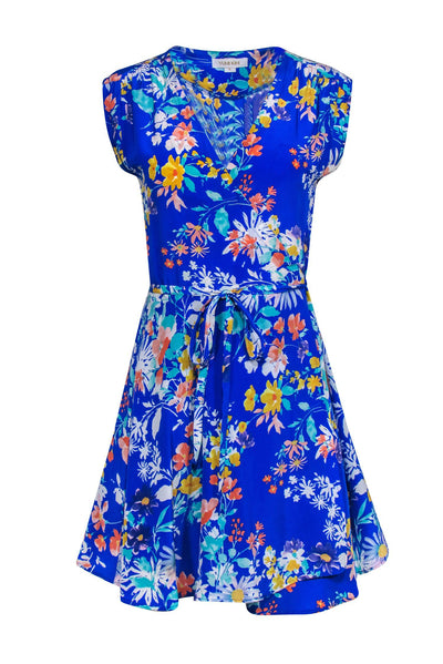 Current Boutique-Yumi Kim - Royal Blue Floral Print Short Sleeve Silk Wrap Dress Sz M