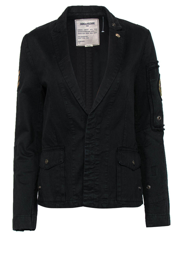 Current Boutique-Zadig & Voltaire - Black Button-Up Military-Style Patchwork “Virginia Grunge” Jacket Sz M