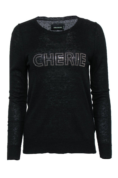 Current Boutique-Zadig & Voltaire - Black Cashmere Sweater w/ Embellished "Cherie" Logo Sz M