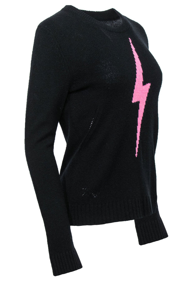 Current Boutique-Zadig & Voltaire - Black Cashmere Sweater w/ Pink Lighting Bolt Graphic Sz M