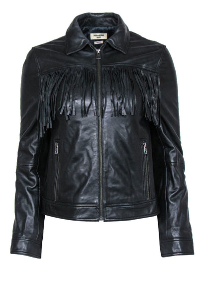 Current Boutique-Zadig & Voltaire - Black Fringe Zip-Up Leather Jacket Sz S