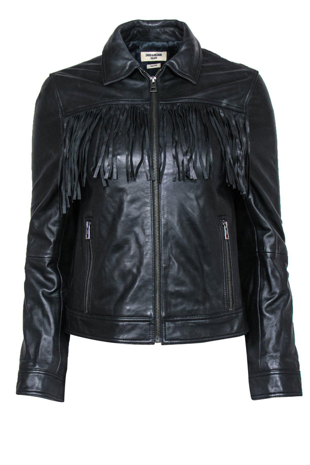 Current Boutique-Zadig & Voltaire - Black Fringe Zip-Up Leather Jacket Sz S