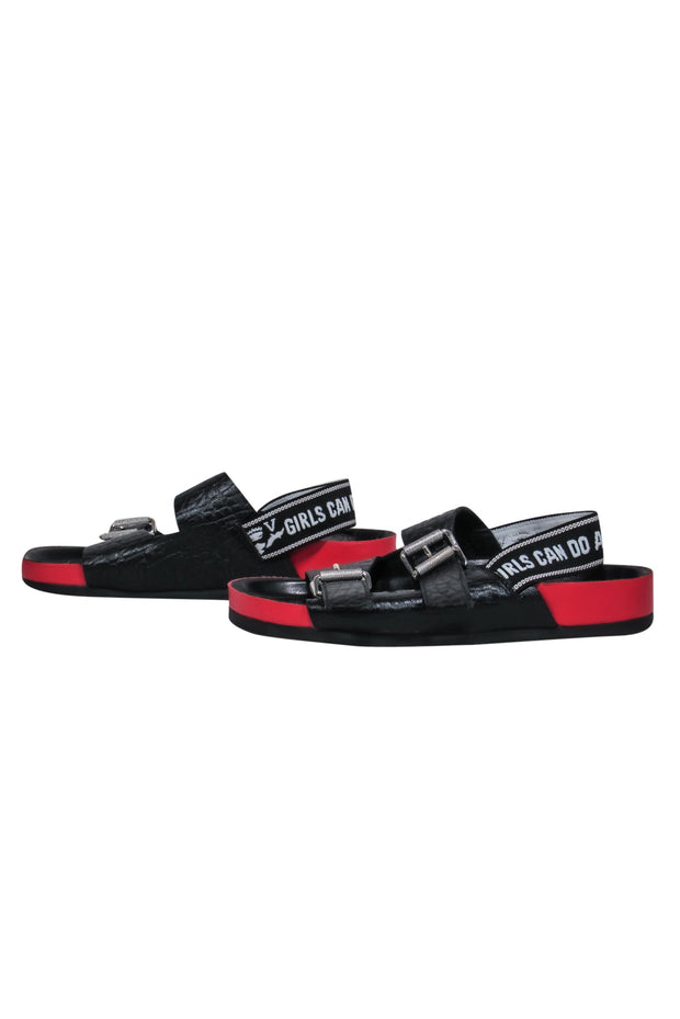 Current Boutique-Zadig & Voltaire - Black & Red Reptile Embossed Leather Slide Sandals Sz 6