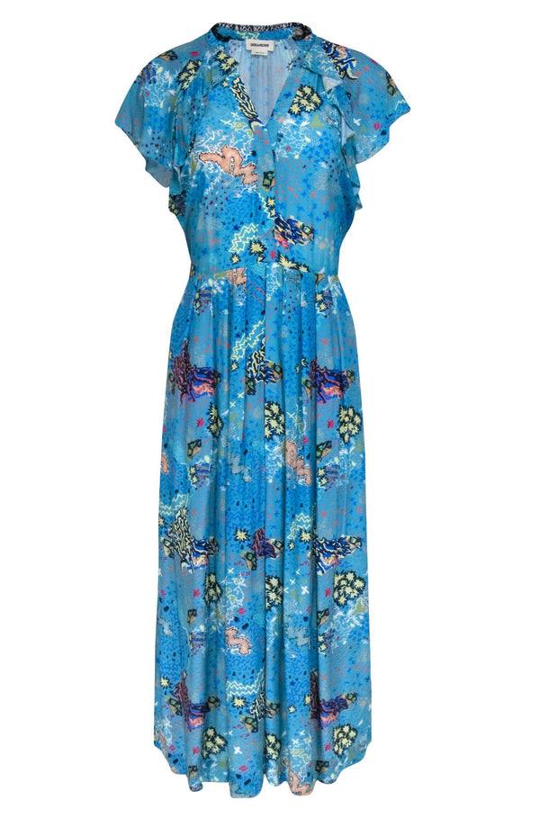 Current Boutique-Zadig & Voltaire - Blue Abstract Printed Ruffle Maxi Dress Sz S