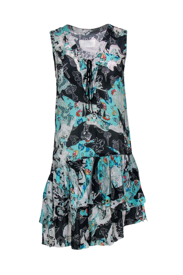 Current Boutique-Zadig & Voltaire - Blue & Black Gothic Tropical Print Ruffle Dress Sz S