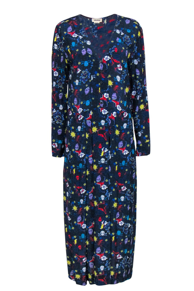 Current Boutique-Zadig & Voltaire - Navy & Multicolor Print Maxi Dress w/ Ruffled Trim Sz M