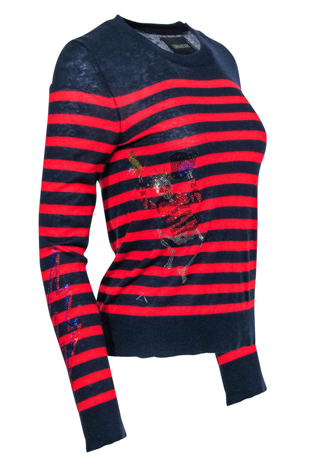 Current Boutique-Zadig & Voltaire - Navy & Red Striped Cashmere Sweater w/ Bedazzled Skeleton Sz XS