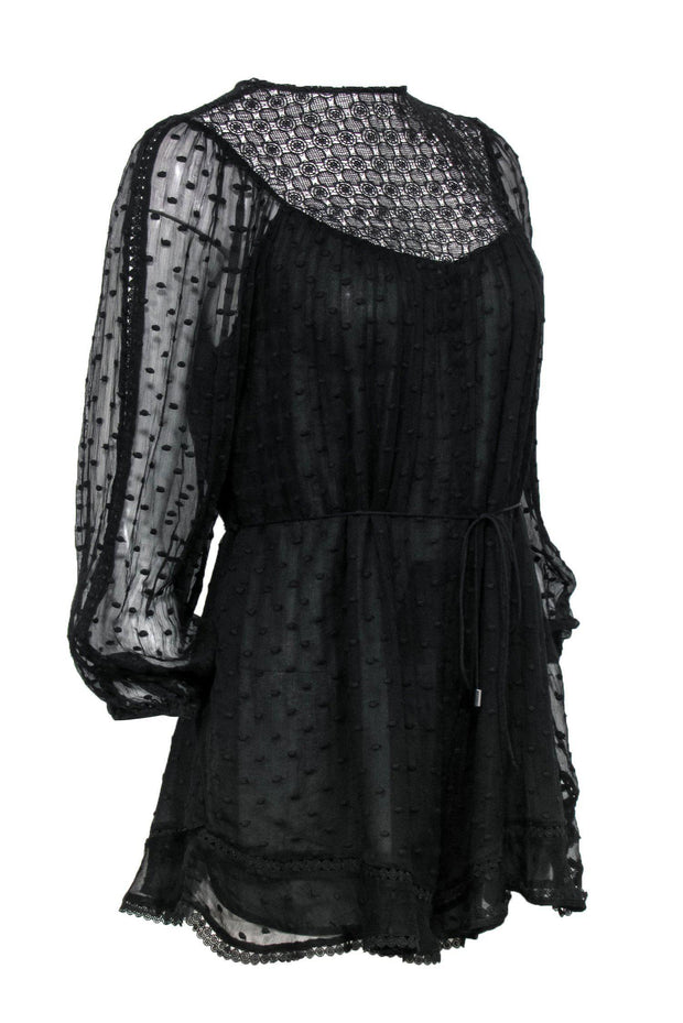 Current Boutique-Zimmermann - Black Polka Dot Embossed Long Sleeve Romper w/ Lace Trim Sz 6