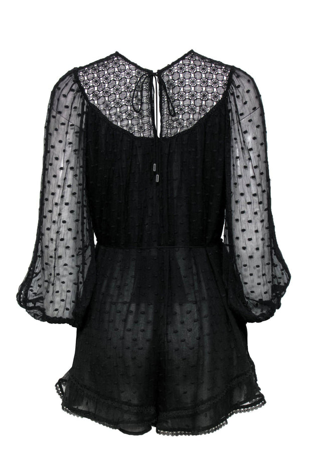 Current Boutique-Zimmermann - Black Polka Dot Embossed Long Sleeve Romper w/ Lace Trim Sz 6