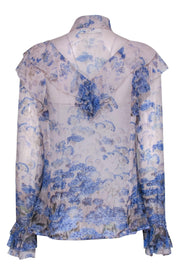 Current Boutique-Zimmermann - Light Lilac & Blue Floral Print Ruffled Button-Up Blouse w/ Necktie Sz 2