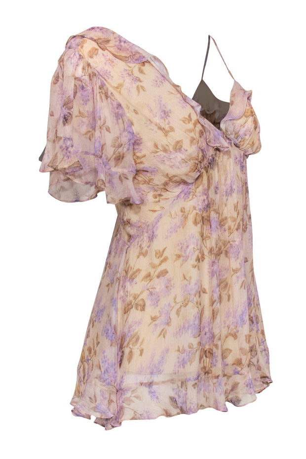 Current Boutique-Zimmermann - Tan & Purple Floral Asymmetric Sleeved Blouse Sz 0