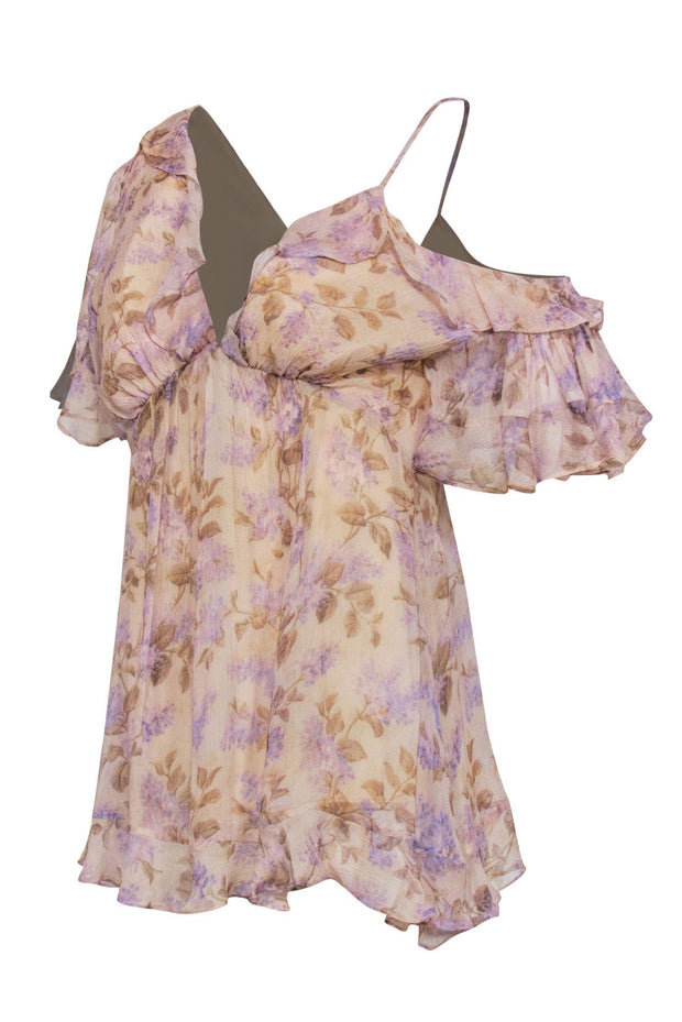 Current Boutique-Zimmermann - Tan & Purple Floral Asymmetric Sleeved Blouse Sz 0